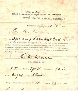 Civil War parole paper for Charles Alexander Ware